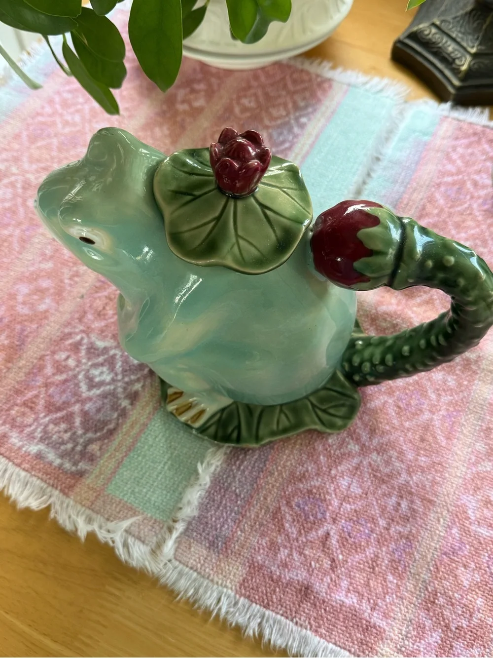 Ceramic Frog Teapot in Seafoam Green with Burgundy Accents